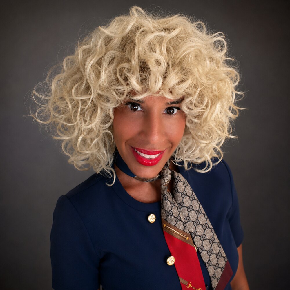 Portrait of Denise Miniatis, founder of Ethos Aloft, in a navy flight attendant uniform